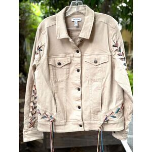 Peace Love World Cotton Beige Denim Jacket MultiColor Baseball Weave Detail SZ L